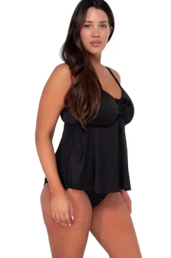 Plus Size|Underwire<Sunsets Escape Black Seagrass Texture Marin Tankini Top