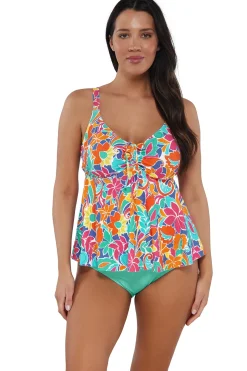 Plus Size|Underwire<Sunsets Escape Festive Floral Sandbar Rib Marin Tankini Top